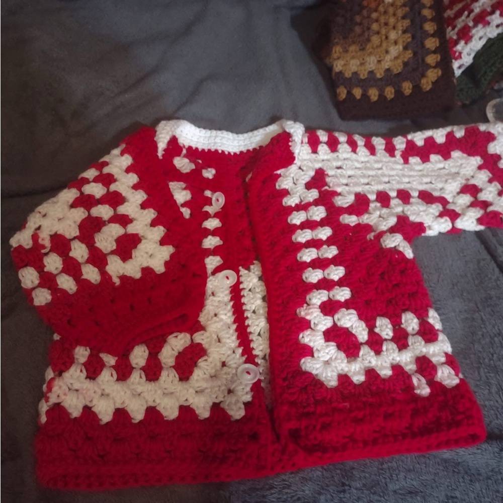 Red and White Crochet Baby sweater coat